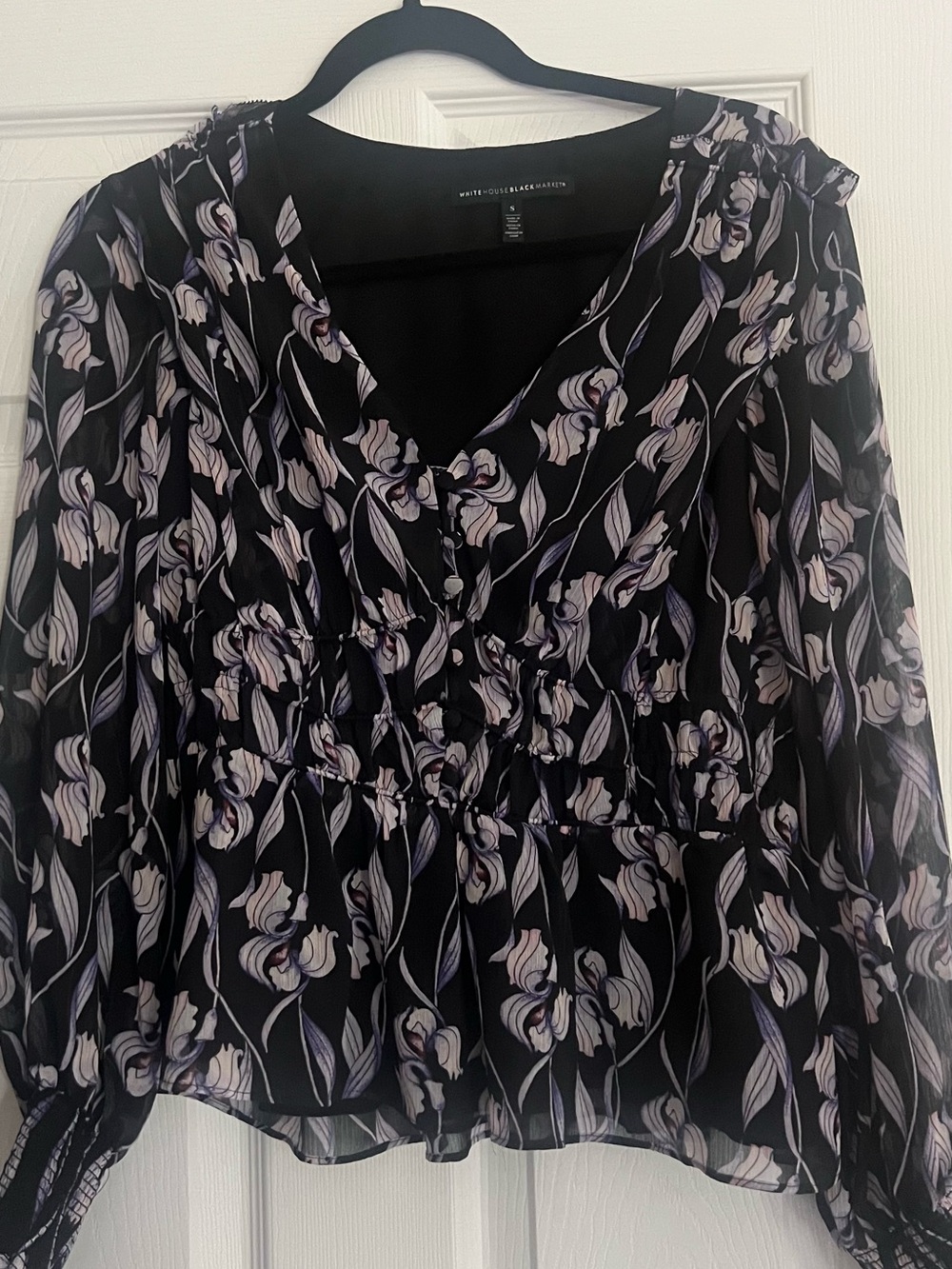 White House Black Market Black Blouse with Lavender Floral Print